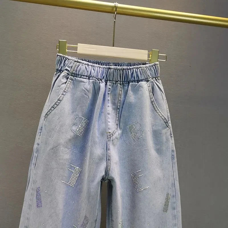 Women's Rhinestone Loose Denim Jeans Light Blue Plus Size S-5XL Women's Denim Jeans Axl