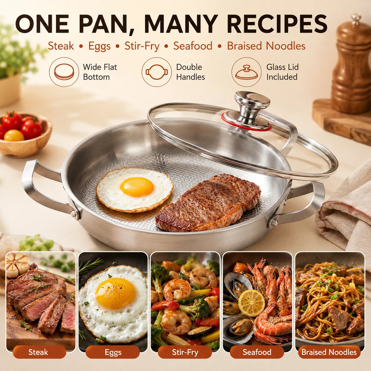 Tri-Ply Hammered Stainless Steel Skillet with Glass Lid Stainless Steel Skillet Axl
