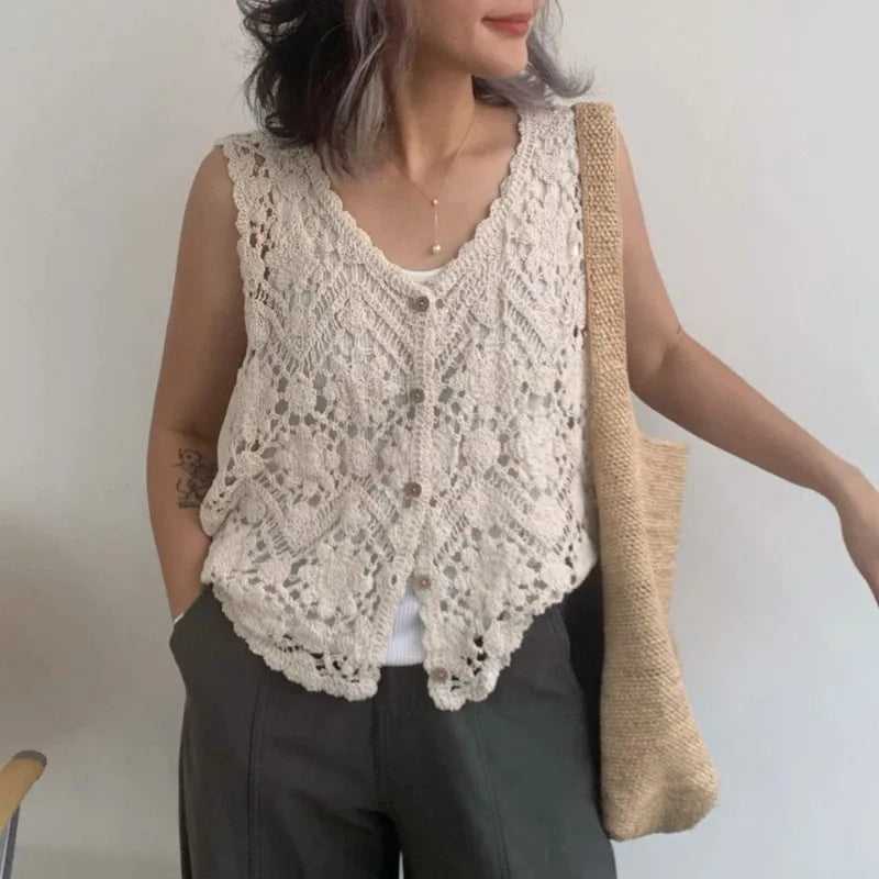 Open Knit Floral Crochet Vest – Boho Sleeveless Cardigan Crochet Knit Vest Axl