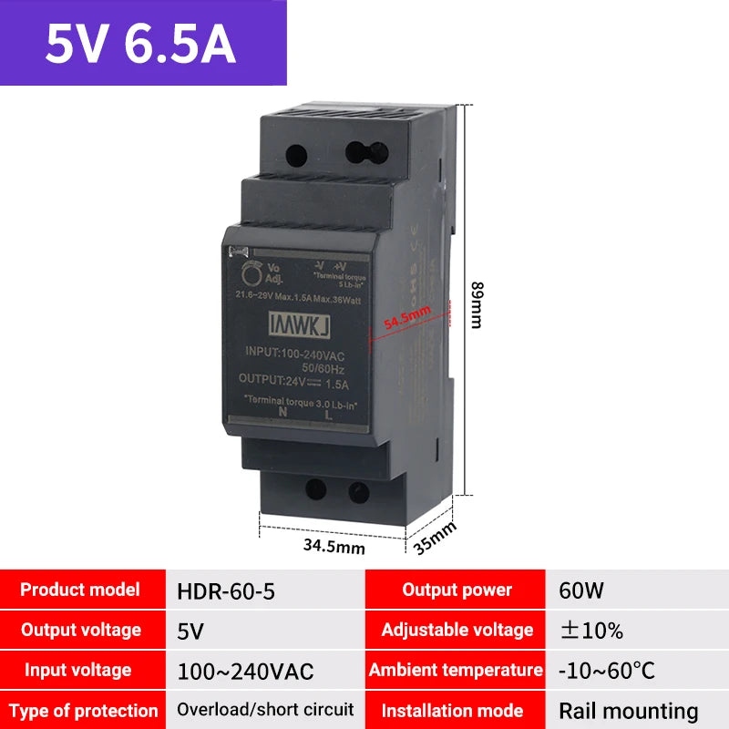 DIN Rail Switching Power Supply AC–DC 5V–48V | HDR-30/60/100 DIN Rail Power Supply Axl HDR-60-5