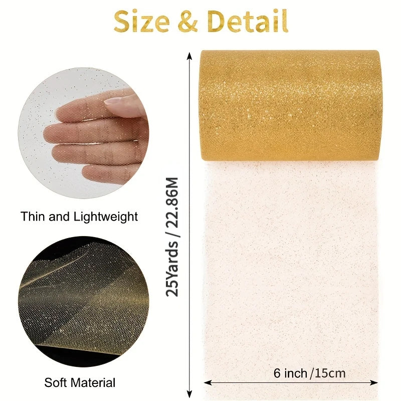 Gold Glitter Tulle Roll – 6" x 25 Yds Shimmer Mesh Ribbon Craft Fabric Ribbon Axl
