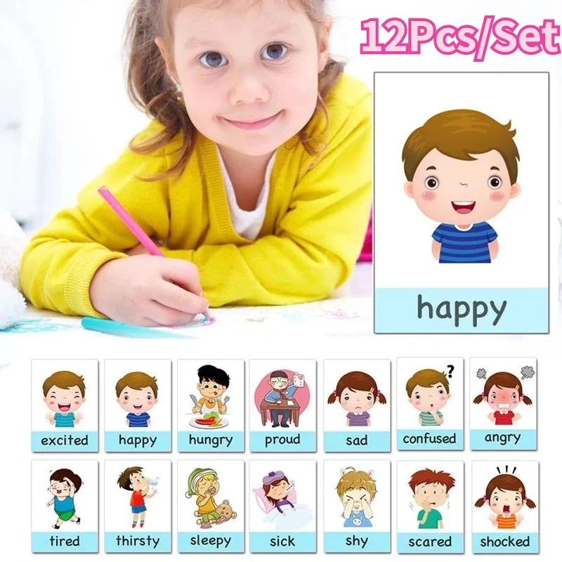 Montessori Emotion Flash Cards for Kids – 12-Piece Learning Set Educational Flash Cards Axl