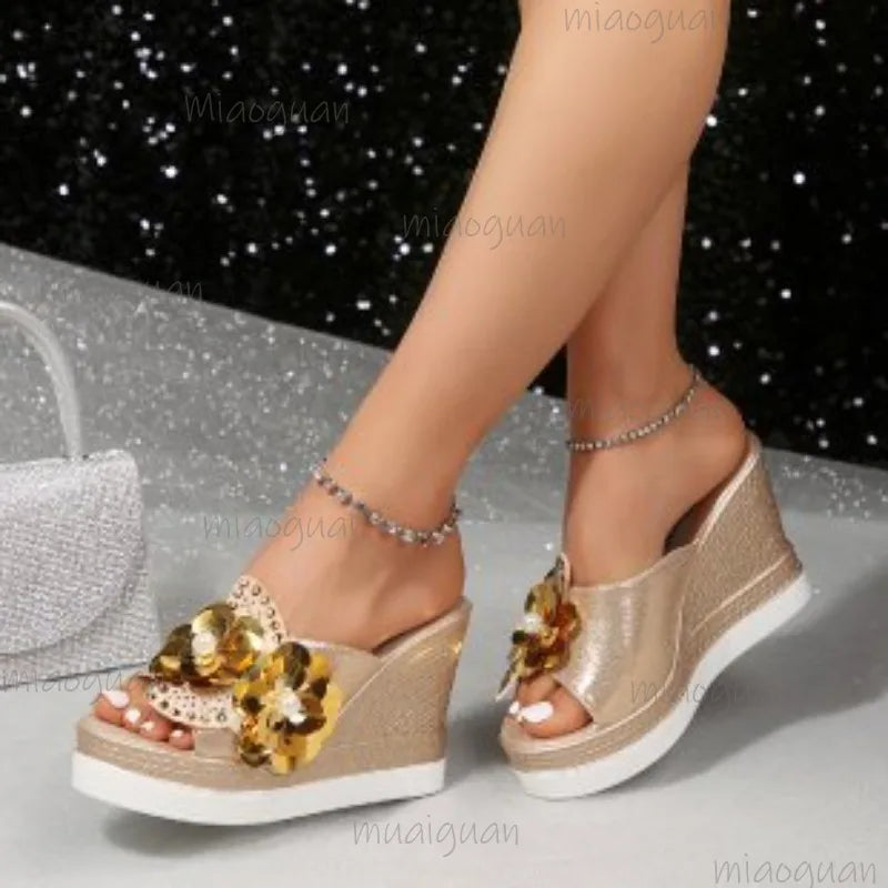 Plus Size Pearl Flower Wedge Slides – Women's Summer Shoes Wedge Slide Sandals Axl