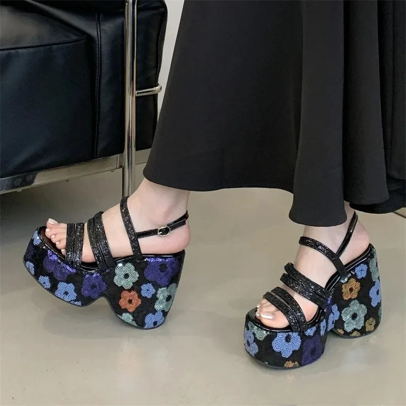 Women's Sequin Platform Wedge Sandals – High Heel Gladiator Platform Wedge Sandals Axl