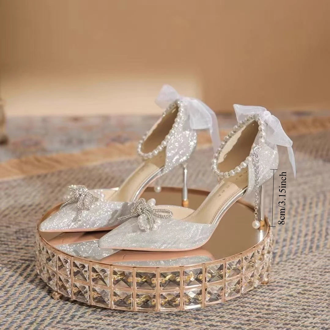 Bridal Wedding Heels – Crystal Bowknot Pearl Sandal Pumps Bridal Heeled Sandals Axl Sliver 8CM 35