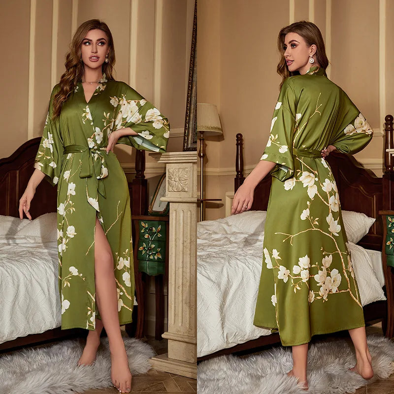 Women's Floral Satin Kimono Robe – Lace-Up Silk Bathrobe