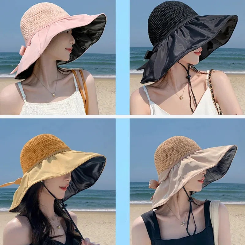 Women's Wide Brim Straw Bucket Hat – UV Sun Protection Wide Brim Sun Hat Axl