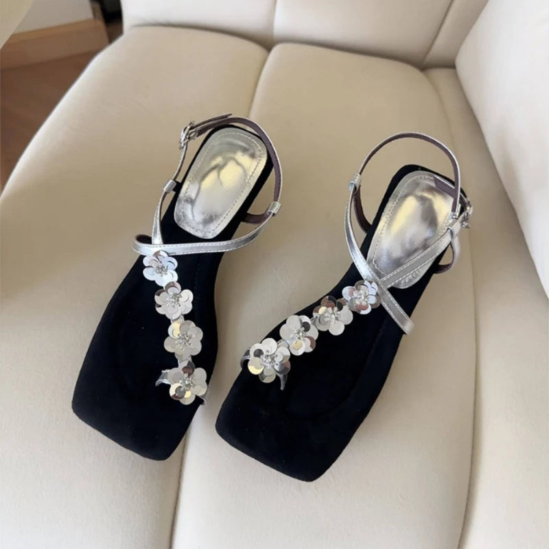 Women's Sequin Flower Wedge Sandals | Open Toe Gladiator Heels Wedge Sandals Axl 37 silver