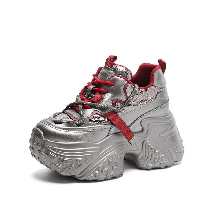 Women's Chunky Platform Sneakers – Breathable Casual Lace-Up Chunky Platform Sneakers Axl sliver 38
