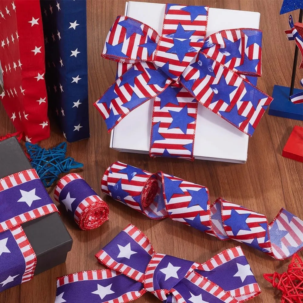 Patriotic Star Ribbon 2 Rolls – Red White Blue Polyester 60mm Decorative Ribbon Axl