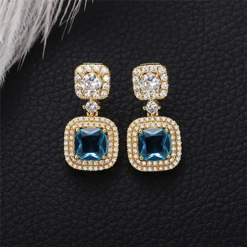 Huitan Gold Blue CZ Dangle Drop Earrings – Women's Fashion Drop Dangle Earrings Axl
