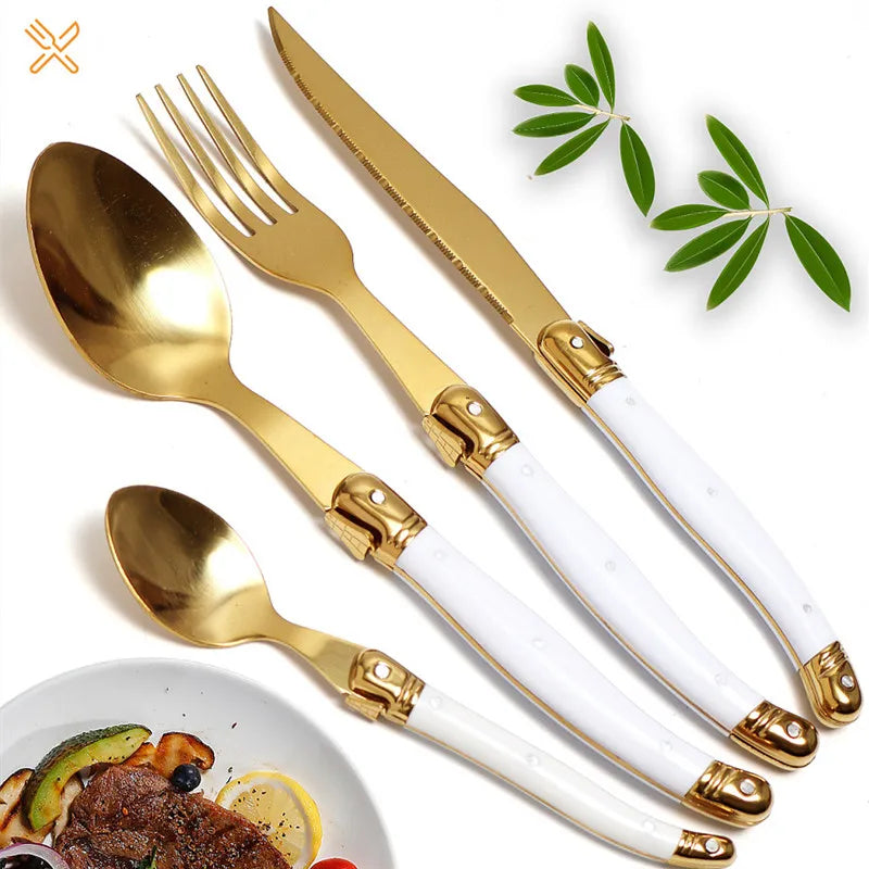 Laguiole Gold Cutlery Set – Stainless Steel Flatware for 3 Flatware Cutlery Set Axl