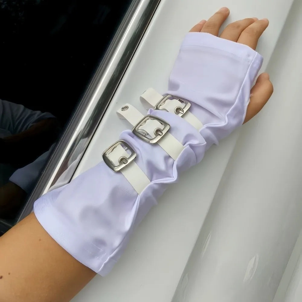 Gothic Punk Arm Sleeves – White Polyester with Metal Buckles Gothic Arm Sleeves Axl