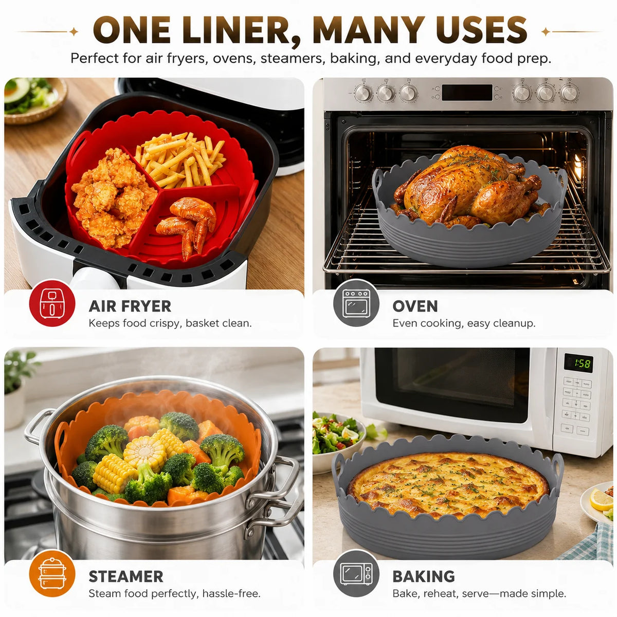 Silicone Air Fryer Liner – 3-Compartment Divider & Grease Filter Silicone Baking Liner Axl