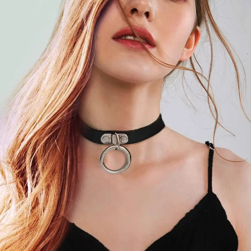 Black Leather O-Ring Choker – Gothic Adjustable Collar Necklace Choker Necklace Axl
