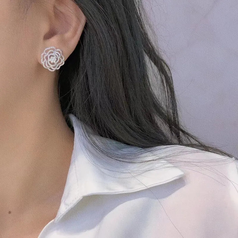 Huitan Camellia Flower CZ Crystal Stud Earrings – Silver CZ Stud Earrings Axl