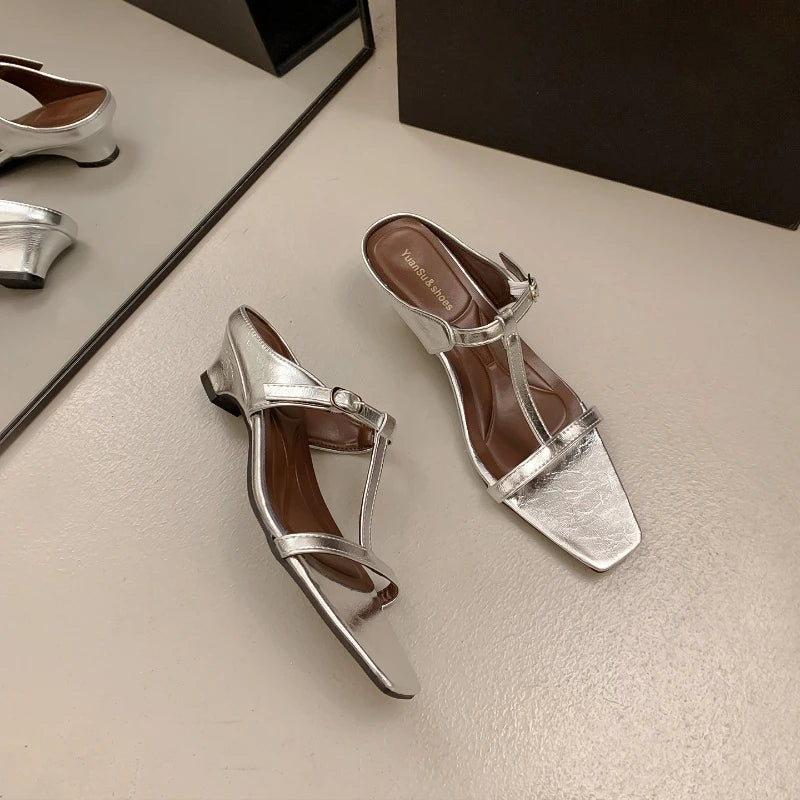 Women's T-Strap Gladiator Sandals | Open Toe Block Heel Women's Sandals Axl Silver 35