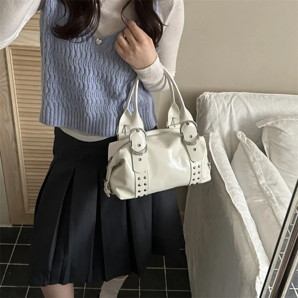 Y2K PU Leather Women's Rivet Shoulder Tote Bag | Large Capacity Shoulder Tote Bag Axl