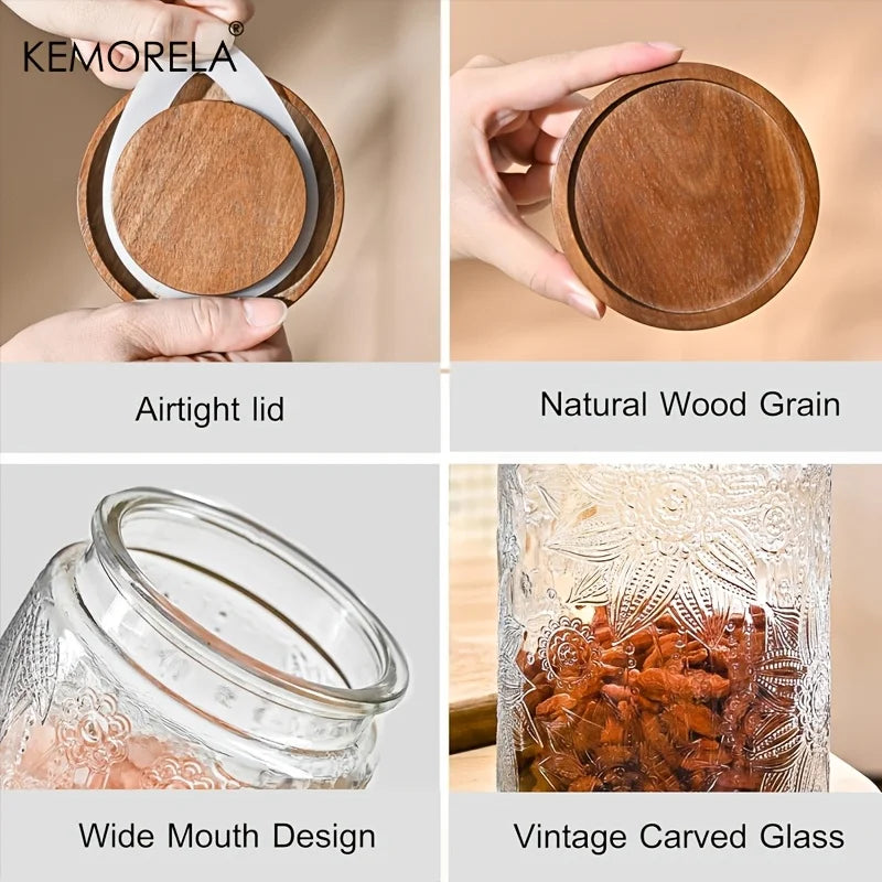 KEMORELA Vintage Glass Storage Jar – Airtight Wooden Lid 700/1000ml Glass Storage Jar Axl