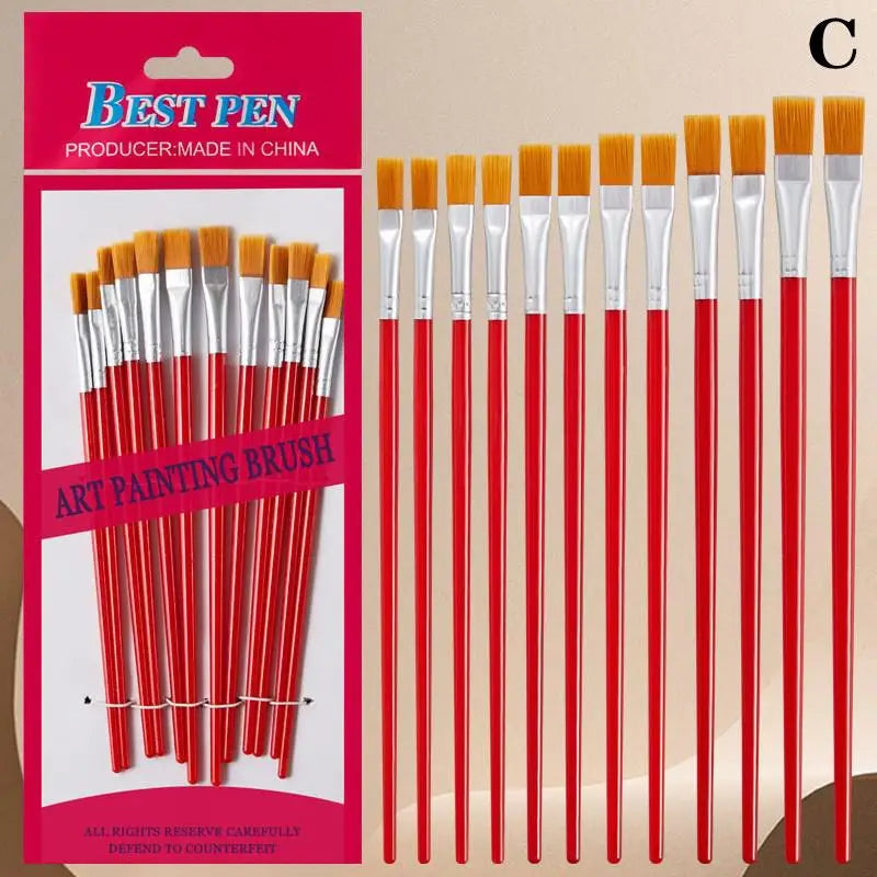 12-Piece Art Paint Brush Set – Nylon Round & Flat Brushes Art Paint Brush Set Axl C Red