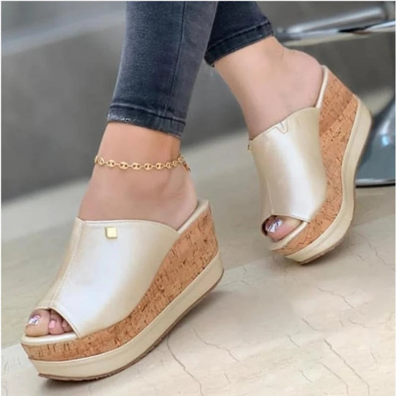 Women's Wedge Platform Sandals – Retro Peep Toe Slip-On Slides Wedge Platform Sandals Axl Gold 41