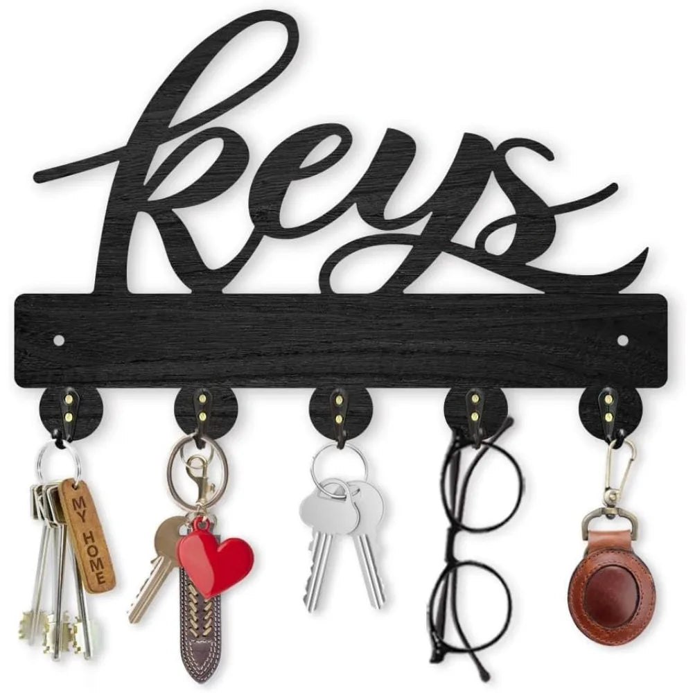 Wood Wall Key Rack with 5 Hooks – Black Entryway Organizer Wall Key Rack Axl