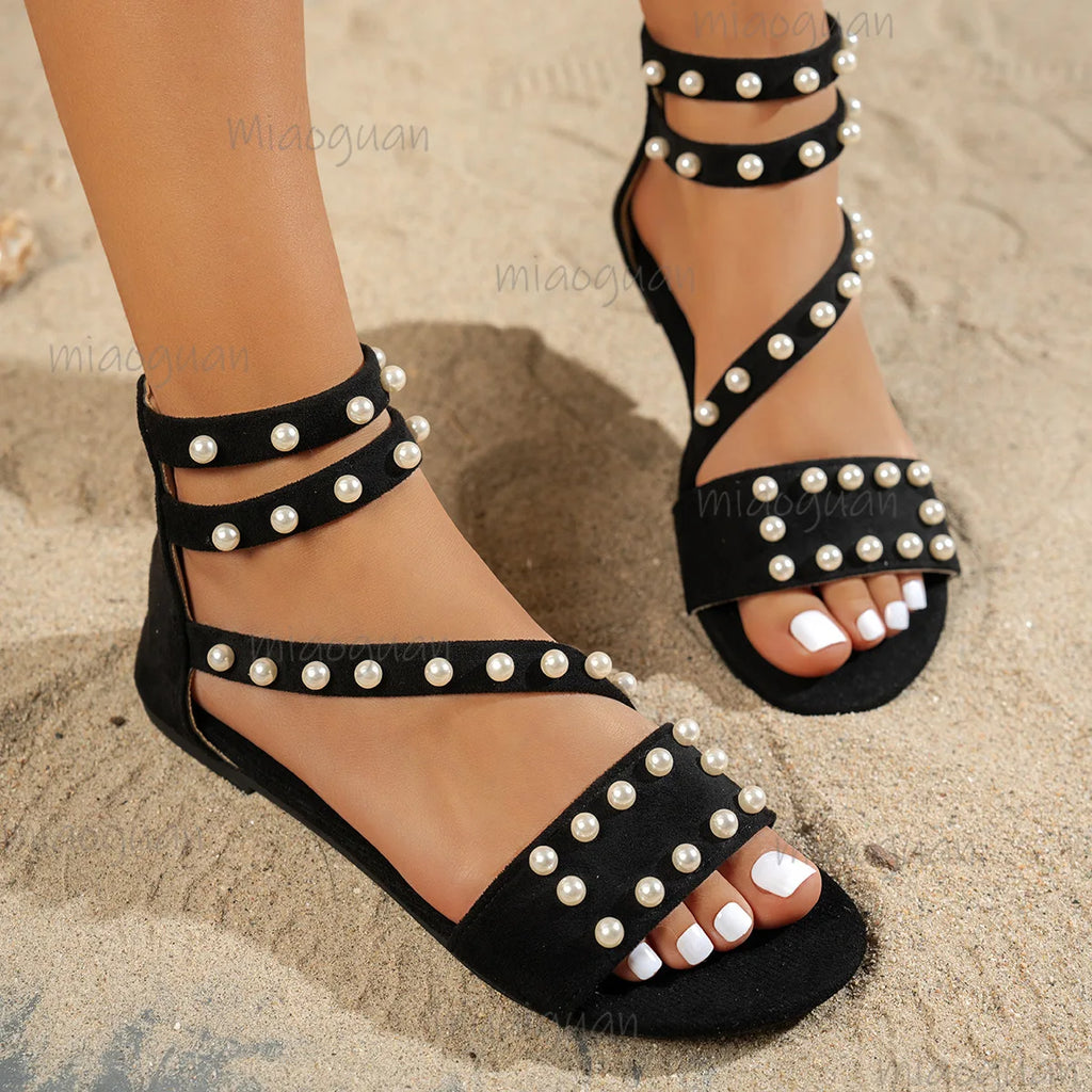 Roma Pearl Flat Sandals – Women's Crystal Zip Slingback Shoes Flat Sandals Axl