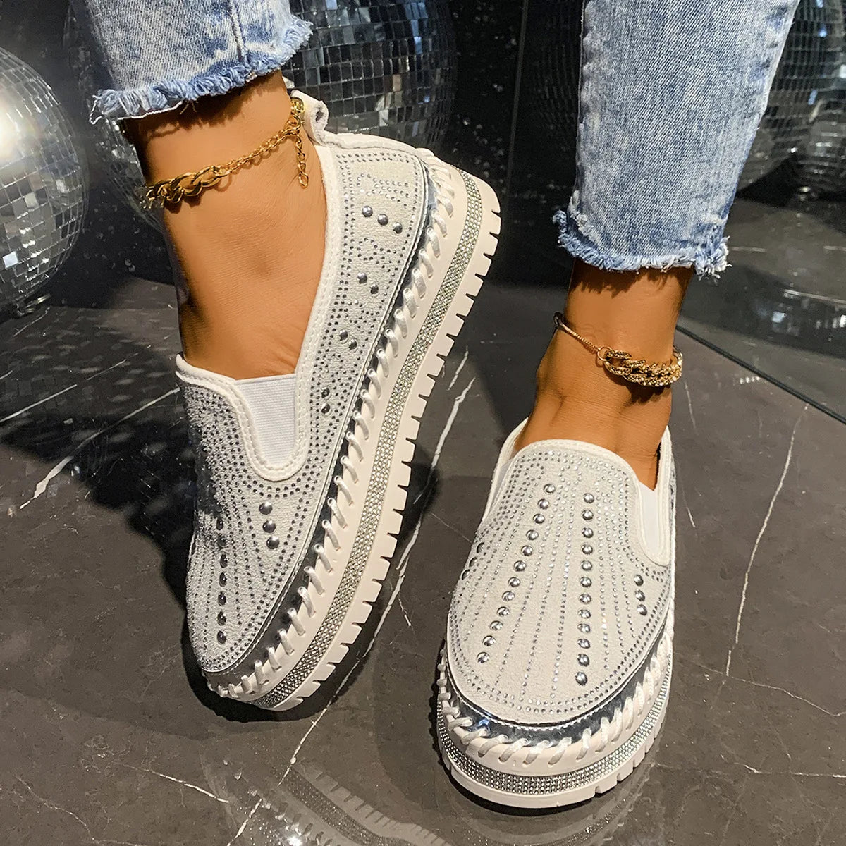 Women's Rhinestone Flat Loafers – Thick Sole Slip-On Sneakers Flat Loafer Sneakers Axl White 38