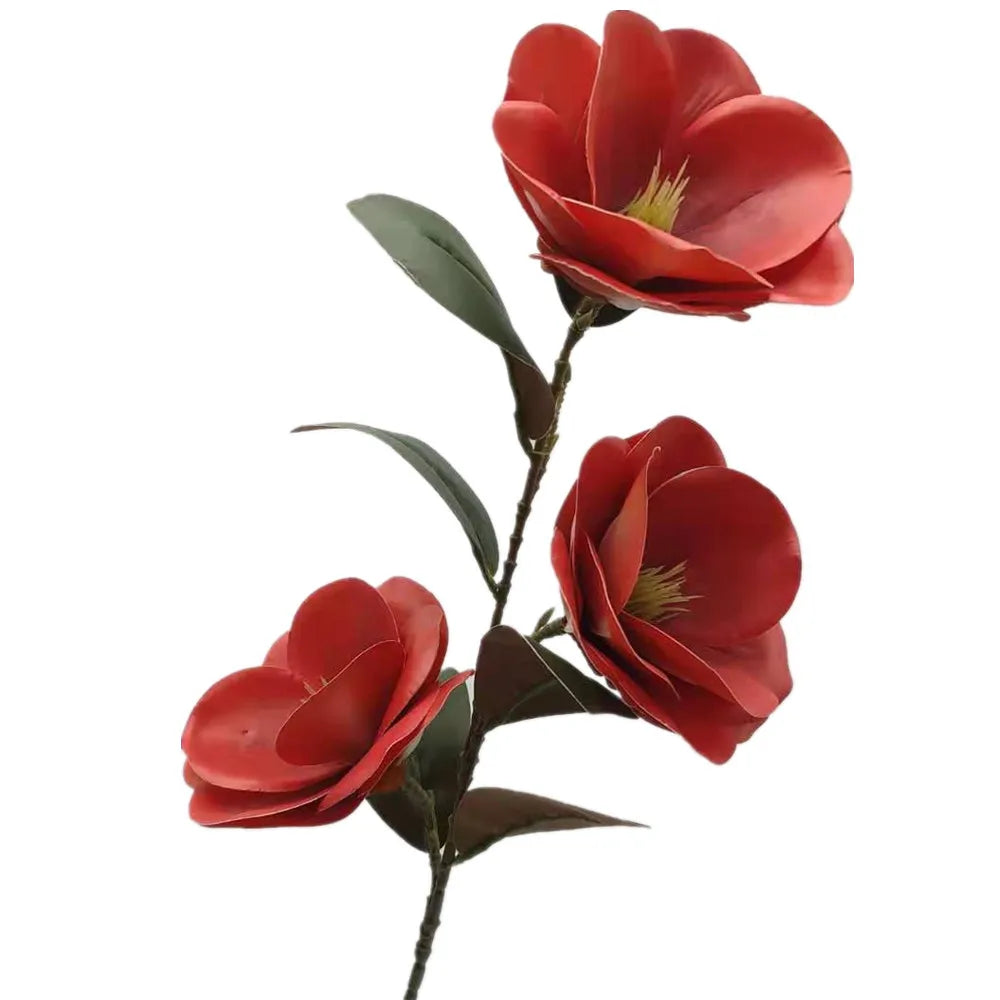Large Latex Magnolia Artificial Branch – 3 Flower Heads, 78cm Artificial Flower Branch Axl Red