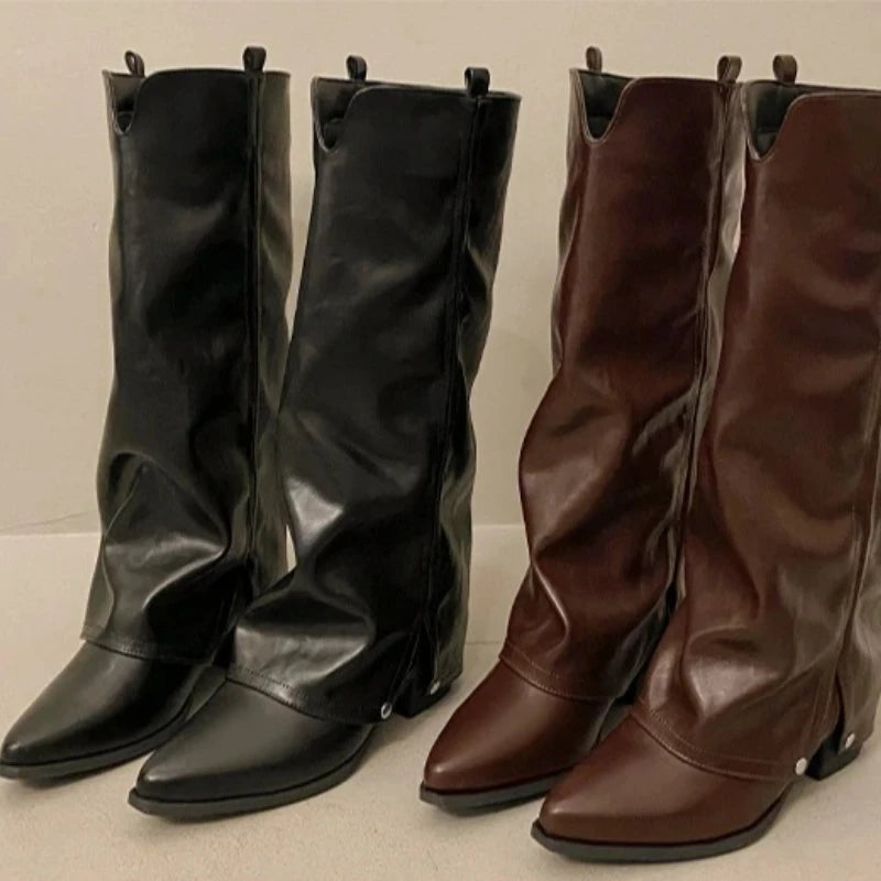 Women's Pointed-Toe Chunky Heel Knight Boots | Rivet Style Knee-High Boots Axl