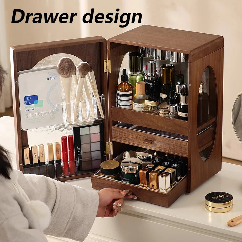 Walnut Wood Drawer Makeup Organizer – Large Cosmetic Storage Makeup Organizer Axl