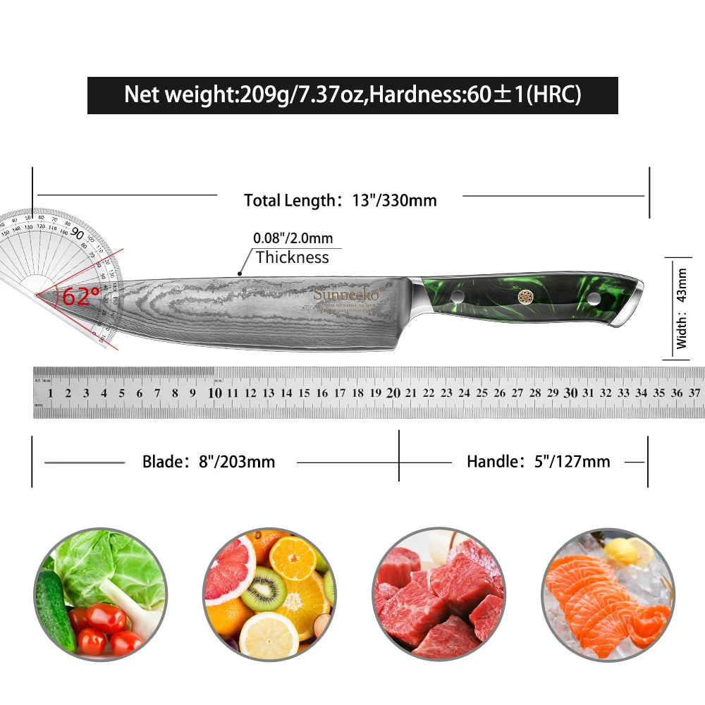 Sunnecko 8" 73-Layer Damascus Steel Chef's Knife | Resin Handle Damascus Chef Knife Axl