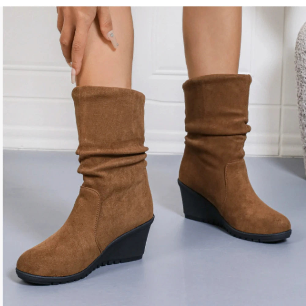 Women's Wedge Ankle Boots – Cow Suede Slip-On High Heel Wedge Ankle Boots Axl Brown 41