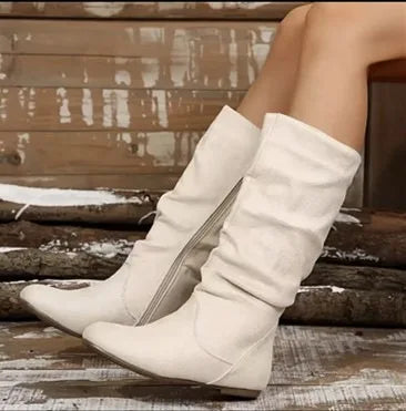 Women's Pleated Suede Mid-Calf Western Cowboy Boots | Side Zip Women's Cowboy Boots Axl Creamy-white 36