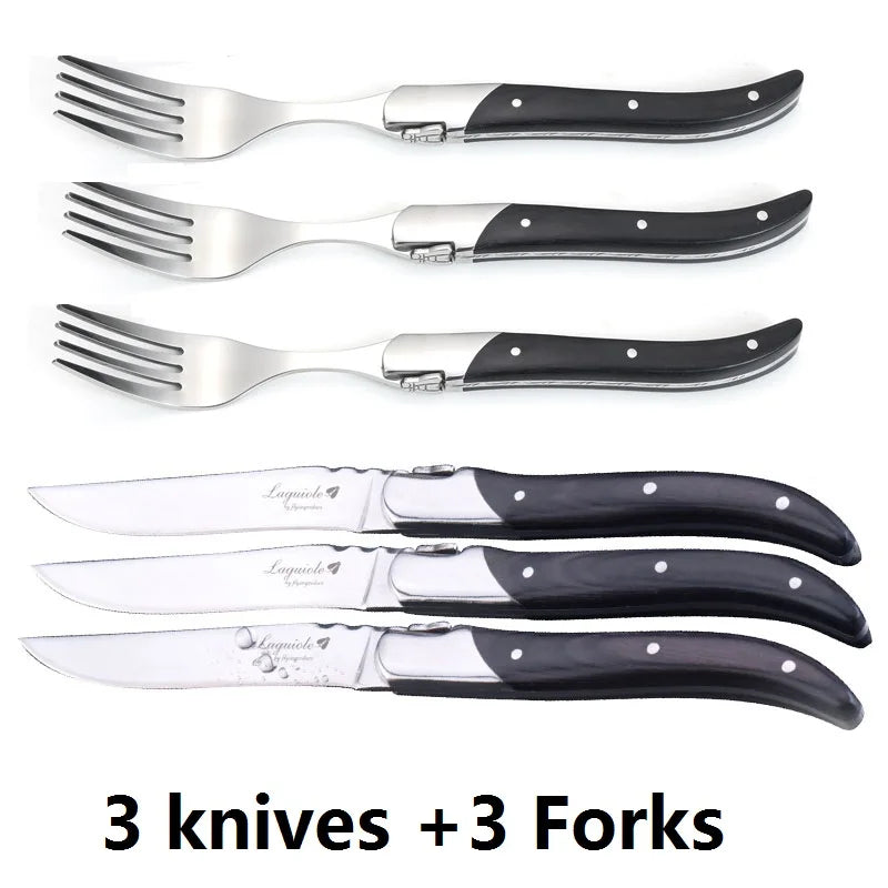 Laguiole-Style Steak Fork Set | Black Wood Handle Stainless Steel Steak Fork Set Axl 3 knife 3 fork