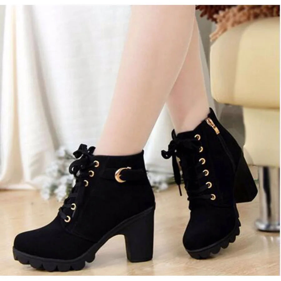 Women's Lace-Up Ankle Boots | Square Heel Platform Booties Heeled Ankle Boots Axl