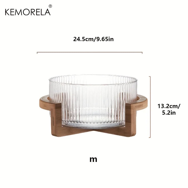 KEMORELA Striped Glass Bowl with Wooden Stand | Salad & Fruit Glass Serving Bowl Axl 24cm