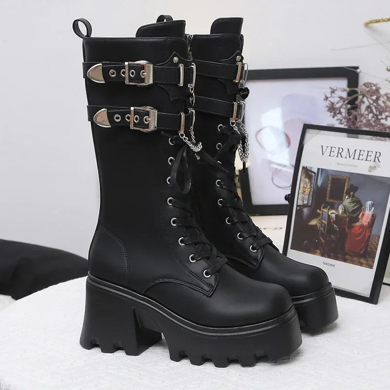 Women's Punk Platform Mid-Calf Boots | Chunky Wedge Moto Boot Platform Moto Boots Axl