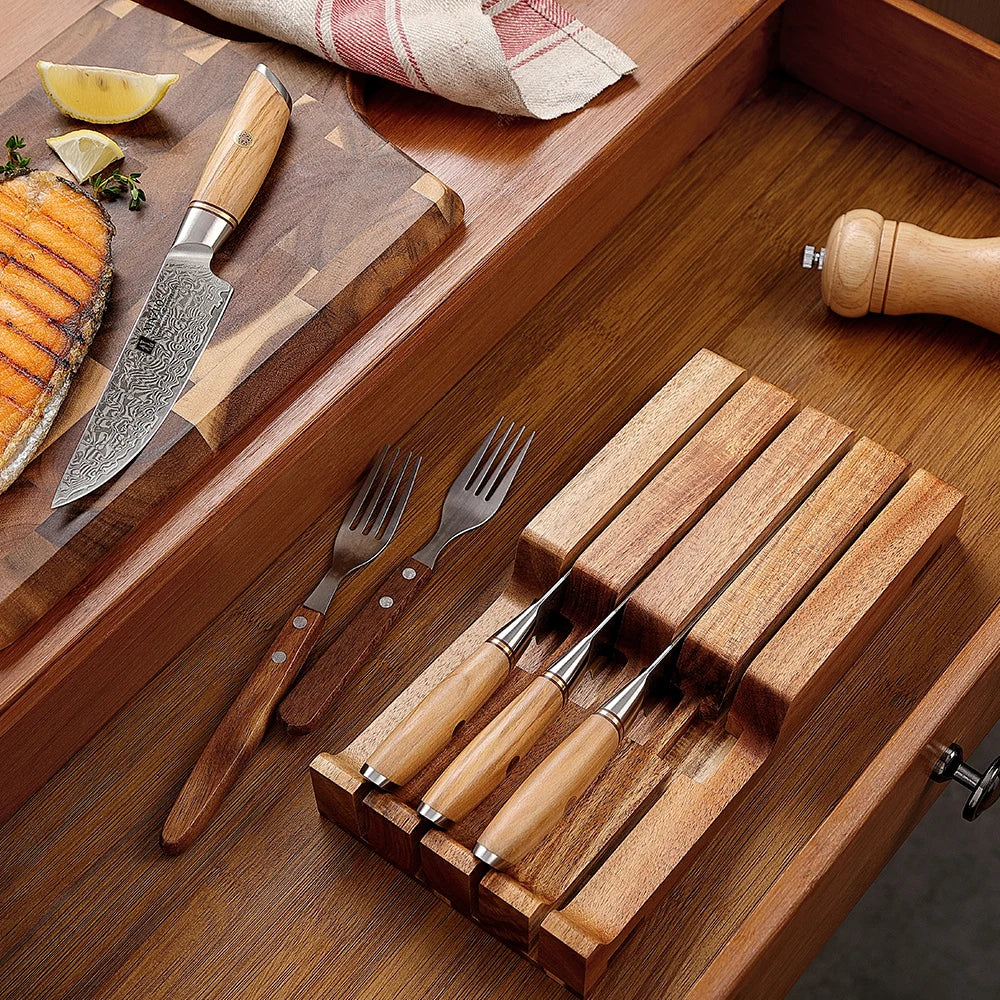 XINZUO 5-Pc Damascus Steak Knife Set | Olive Wood & Acacia Tray Steak Knife Set Axl
