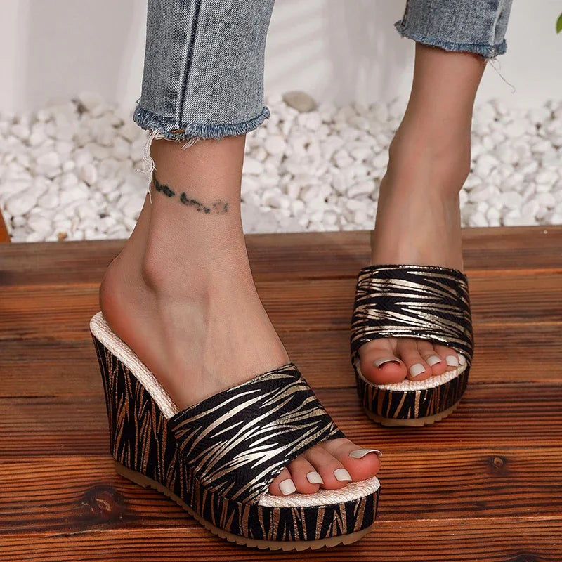Women's Stripe Wedge Platform Slides | Chunky High Heel Slippers Wedge Platform Slides Axl black 36