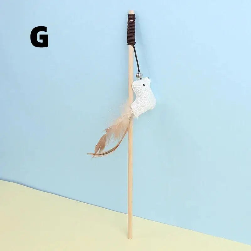 Mouse Shape Wooden Cat Teaser Wand with Feather & Bell Cat Teaser Wand Axl G
