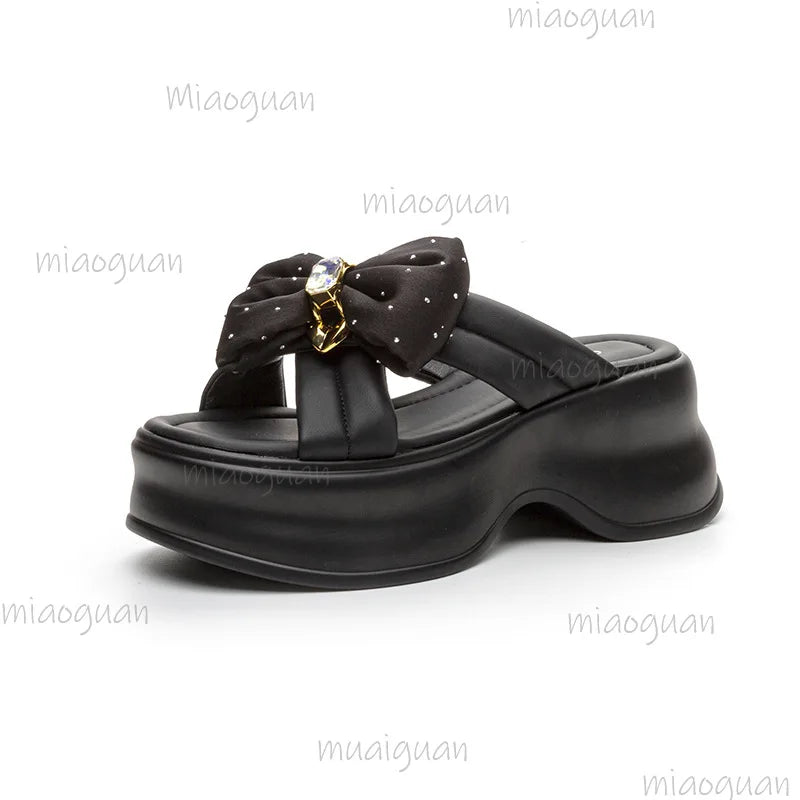 Women's Wedge Sandal Slippers – Butterfly Knot Rhinestone High Heel Wedge Sandal Slippers Axl