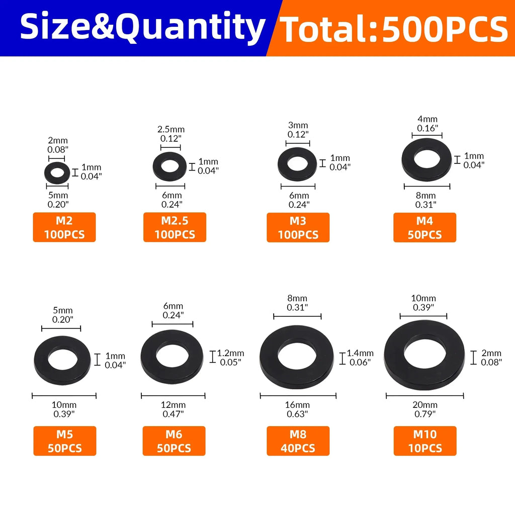 500 Pcs Nylon Flat Washer Kit M2–M10 | 8 Metric Sizes Nylon Washer Kit Axl