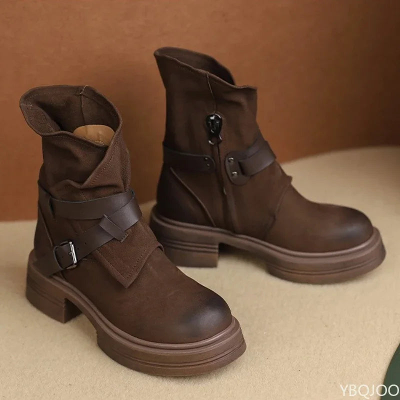 Women's Retro Ankle Boots – Thick Sole Square Heel Buckle Brown Women's Ankle Boots Axl Brown 39