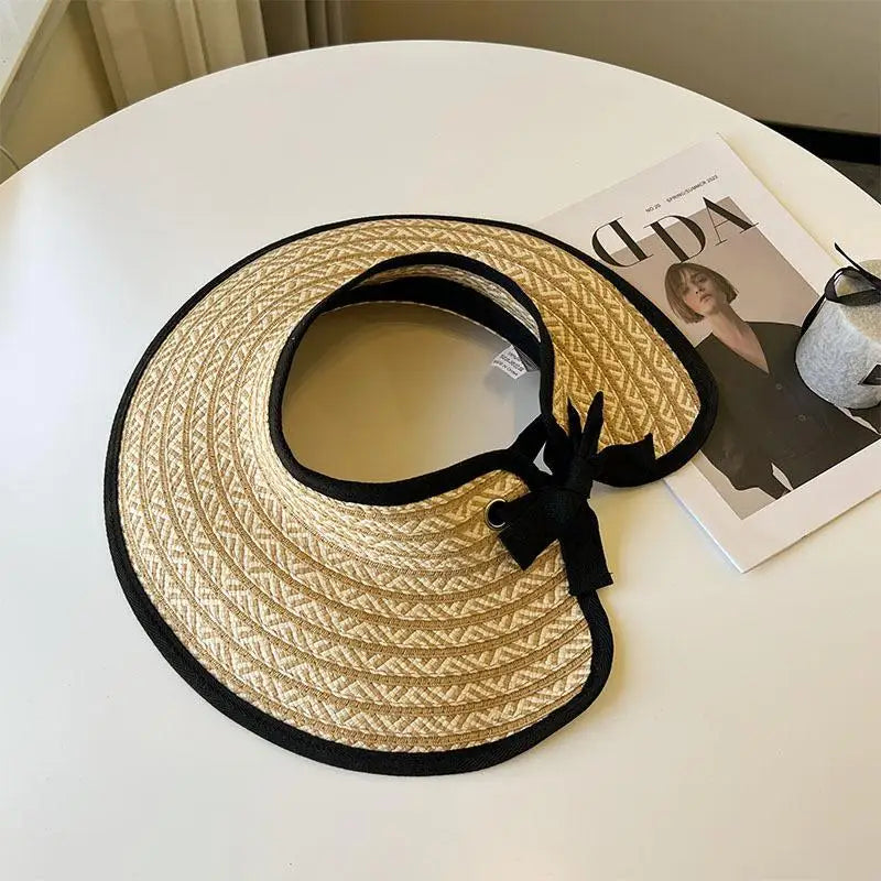 Women's Collapsible Straw Sun Visor Cap – Wide Brim UV Hat Straw Sun Visor Hat Axl Beige