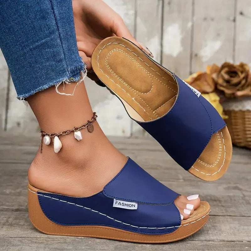 Women's Wedge Slippers – Open Toe Buckle Sandal Slides Wedge Sandal Slides Axl 41 Navy Blue