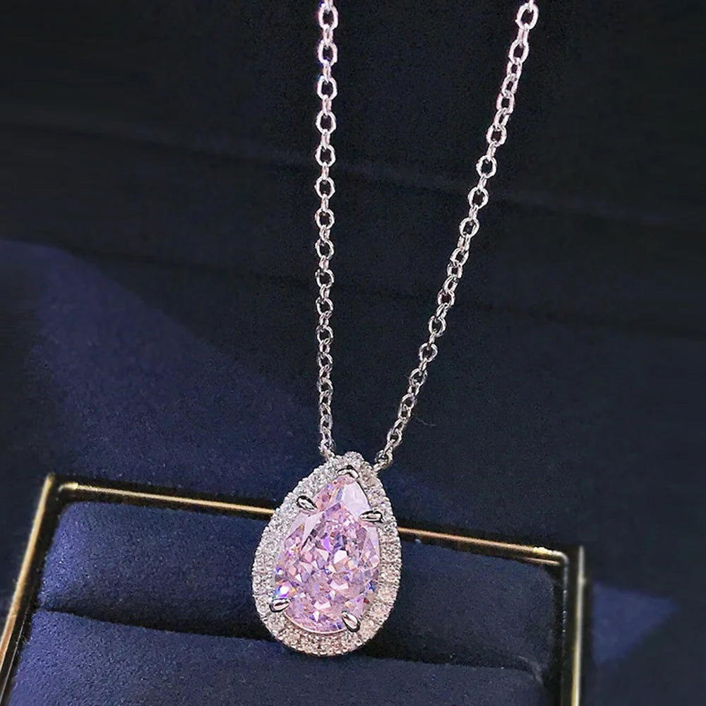 Huitan Pink & Yellow CZ Pear Pendant Necklace for Women Pendant Necklace Axl