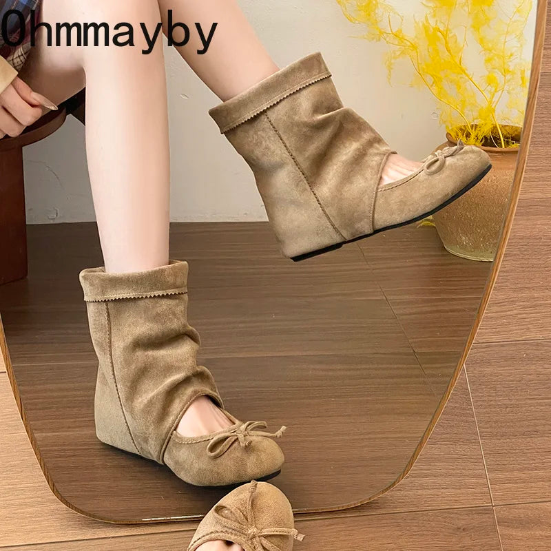 Women's Vintage Suede Mid-Calf Booties Butterfly-Knot Wedge Mid-Calf Wedge Booties Axl