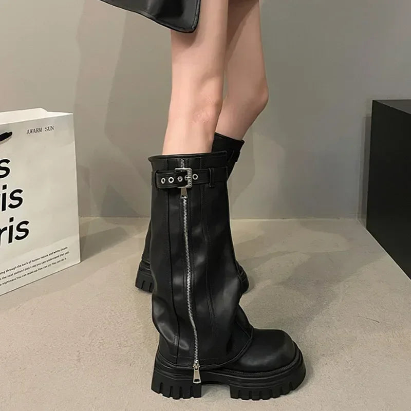 Women's Knee-High Platform Knight Boots – Belt Buckle Zip Knee-High Boots Axl
