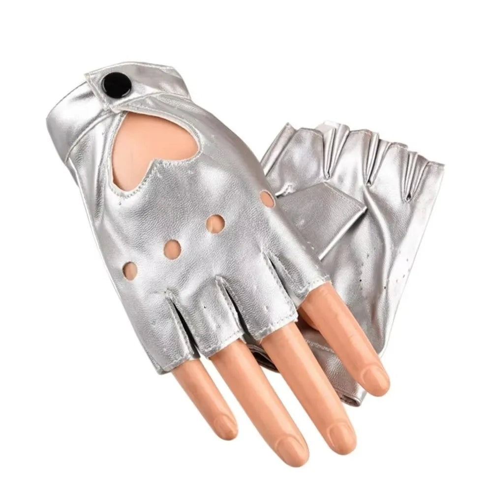 Y2K Punk PU Leather Fingerless Gloves | Heart Hollow Half Finger Fingerless Fashion Gloves Axl Grey